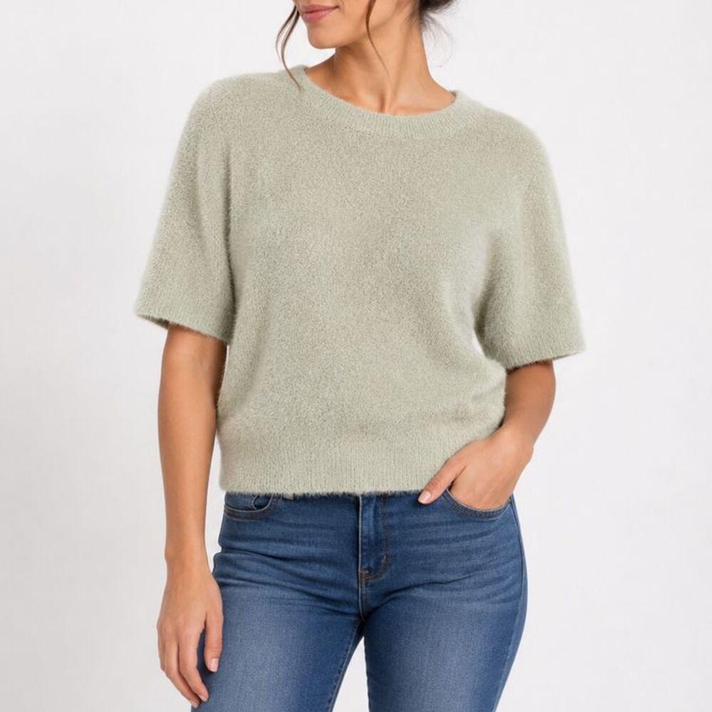 Bailey 44 Sweater Women XL Sage Green Fuzzy Eyelash Knit Short Sleeve Pullover